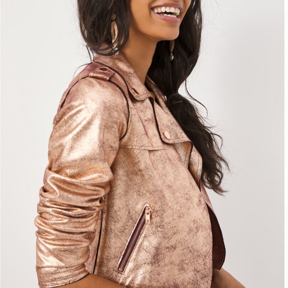🌟NWT🌟 Anthropologie Brisa Metallic Faux Leather Cropped Moto Jacket - Picture 5 of 7
